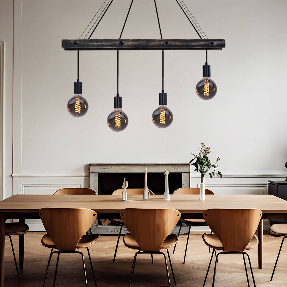 Decken Pendelleuchte aus Holz 4 flammig Hängeleuchte schwarz matt Esstischleuchte, 4x E27, LxBxH 90x9x120cm, Wohnzimmer Esszimmer