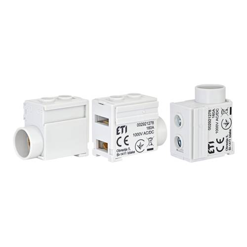 Drei weiße elektrische Klemmleisten mit verschiedenen technischen Spezifikationen und Sicherheitssymbolen auf ihren Seiten gedruckt.