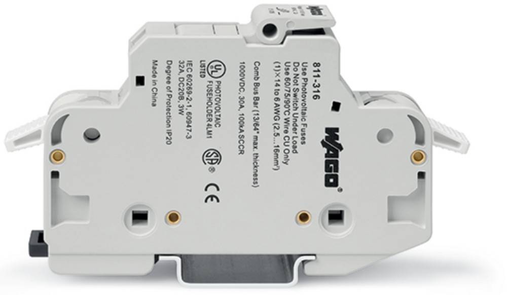 WAGO-Marken-Elektrische Komponente mit verschiedenen Spezifikationen und Sicherheitszertifizierungen auf der Seite gekennzeichnet, die die Kompatibilität mit Photovoltaiksystemen hervorhebt.