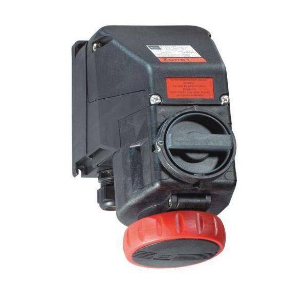 Schwarz-rotes Industrieschalter mit Warnetiketten auf der Vorderseite. Verfügt über einen großen Bedienungsgriff.