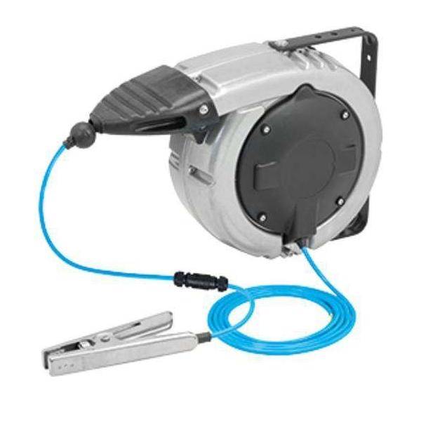 Tragbare Druckluftschlauchtrommel mit blauem Schlauch und Metallclip für industrielle oder Kfz-Nutzung.