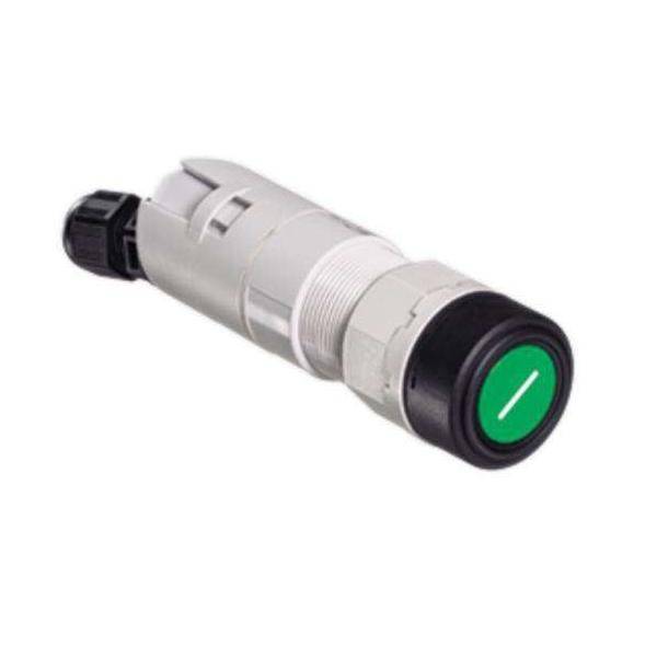 Ein metallischer Druckschalter mit einem grünen kreisförmigen Knopf mit einer weißen vertikalen Linie, verwendet für elektrische Anwendungen.