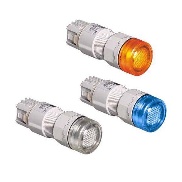 Drei industrielle Anzeigelichter: eines orange, eines blau und eines transparent, jeweils mit zylindrischer Form und geripptem Metallgehäuse.