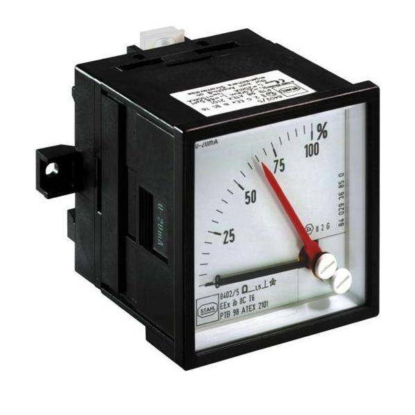 Analoges Bedienfeld-Messinstrument mit einem Zifferblatt und einer Nadel, die auf 75 % auf einer Skala von 0 bis 100 zeigt.