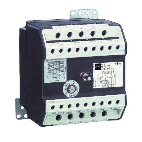 Elektrisches Relaisgerät mit mehreren Anschlußpunkten, einem Steuerdrehschalter, gekennzeichnet mit technischen Spezifikationen und einem Schaltplan.