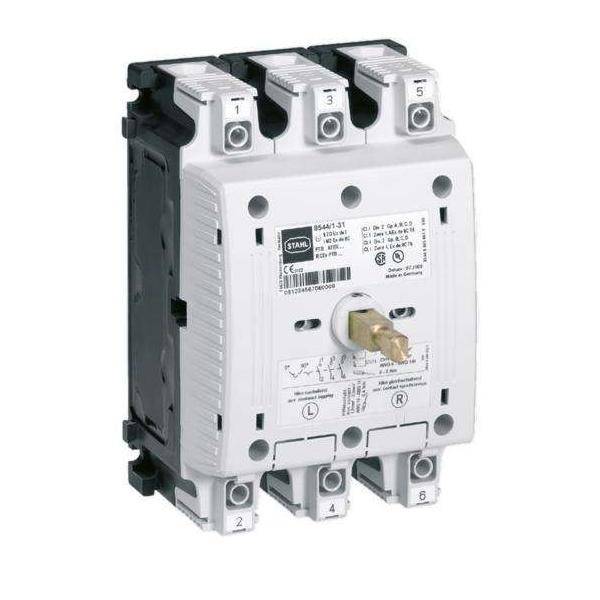 Ein weißer Drehstrom-Leistungsschalter mit gekennzeichneten Anschlußpunkten für drei Leitungen, ausgestattet mit einem EIN/AUS-Schalter und technischen Angaben auf der Vorderseite.