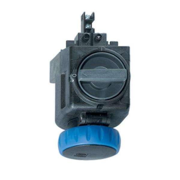 Ein schwarz-blauer elektrischer Schalter mit einem nach vorne gerichteten Kreisregler, konzipiert für den industriellen Einsatz.