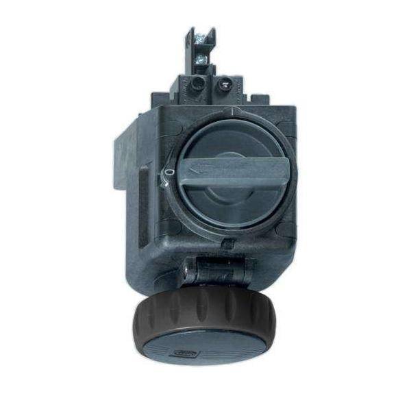 Ein schwarzer Drehschalter mit verlängertem rundem Griff unten, verwendet zur elektrischen Steuerung, mit Anzeige der Ausschaltposition.