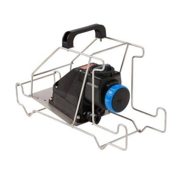 Das Bild zeigt ein schwarzes Gerät mit einer blauen Skala, befestigt in einem Metallrahmen mit Griff, was auf ein tragbares Industrie-Werkzeug oder eine tragbare Industriemaschine hindeutet.