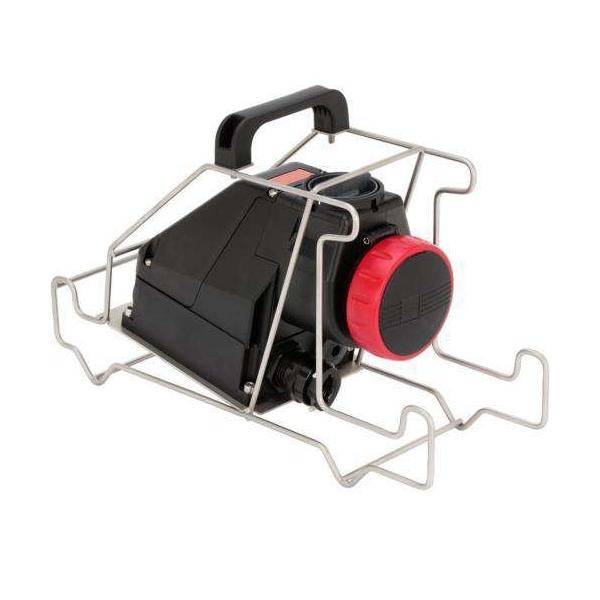 Ein tragbarer Industriebläser mit Käfigrahmen, konzipiert für Belüftungs- oder Trocknungszwecke, mit einer roten Skala und einem Griff oben.