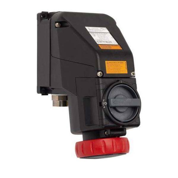 Ein schwarzer Industriestellantrieb mit einem roten Drehrad an der Basis, verwendet zur Steuerung von Ventilen, in einer Seitenansicht dargestellt.