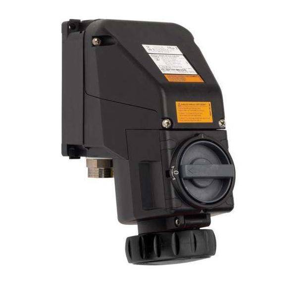 Elektromechanischer Aktor in einem Schutzgehäuse. Wird in industriellen oder Automatisierungsumgebungen für die präzise Steuerung mechanischer Systeme verwendet.