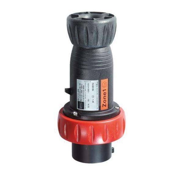 „Ein elektrischer Aktuator, schwarz mit einem großen roten Einstellregler und Informationsetiketten, steht aufrecht vor einem weißen Hintergrund.