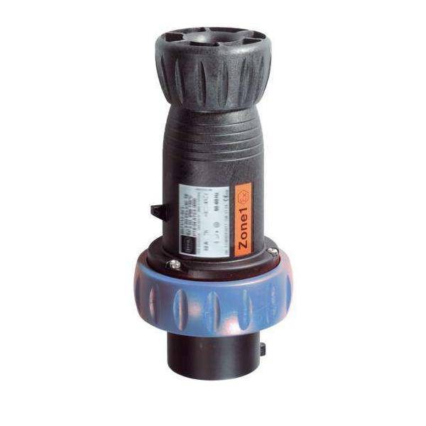 Ein schwarz-blaues Industriewerkzeug mit einem beschrifteten orangefarbenen 