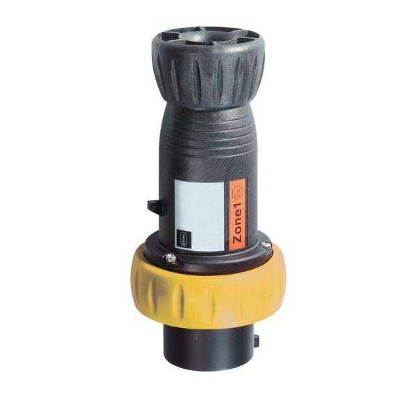 Ein schwarzer und gelber Industriestecker mit einem beschrifteten Aufkleber „Zone 1