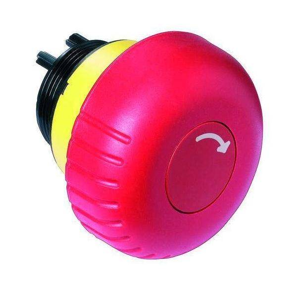 Roter Notfallstoppknopf mit gelbem Sockel und einem Pfeil, der die Drehrichtung anzeigt, verwendet für die Sicherheit von Maschinen und Ausrüstungen.