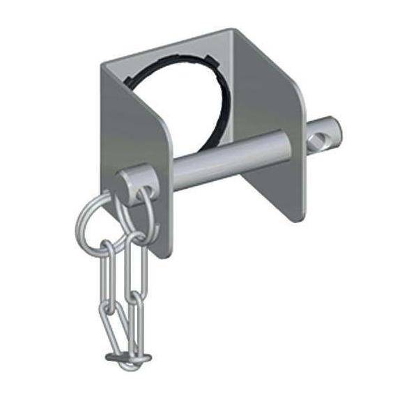 Eine Metallhalterung mit einem Griff und Ketten, wahrscheinlich Teil eines Klemm- oder Verriegelungsmechanismus.