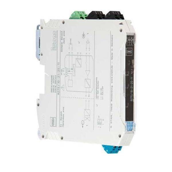 Ein weißes elektronisches Geräte-Modul mit verschiedenen Anschlussanschlüssen und Diagrammmarkierungen.