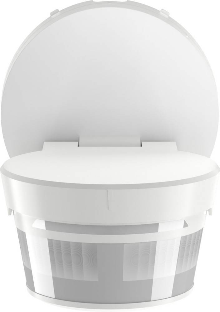 Ein weißer Bewegungssensor mit abgerundeter Form, an einer Wand montiert, darauf ausgerichtet, Bewegungen in seinem Erfassungsbereich zu erkennen.