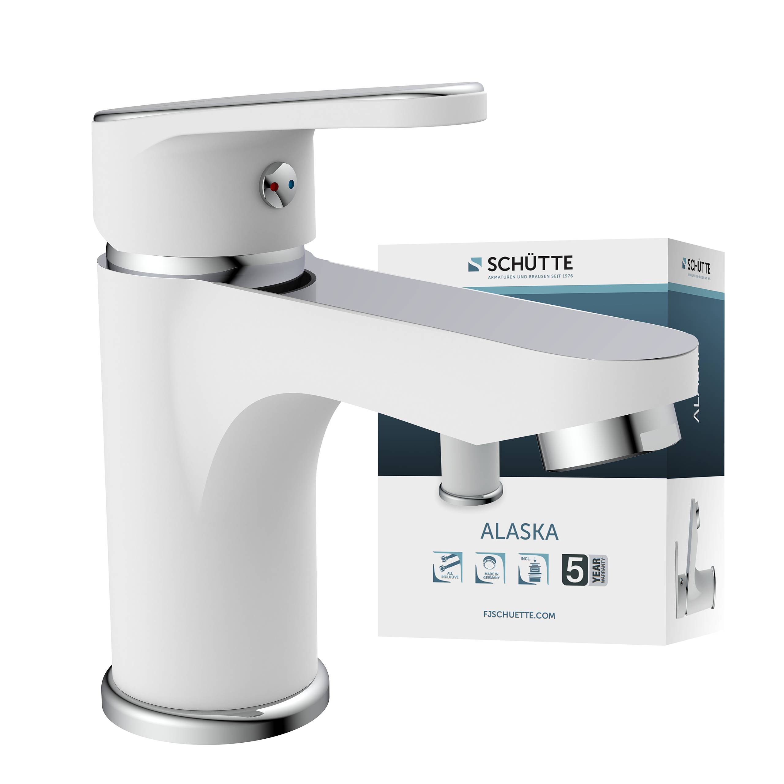 Moderner weißer Badezimmerhahn mit schlankem Design, positioniert neben seiner Verpackung mit der Bezeichnung „Schütte Alaska