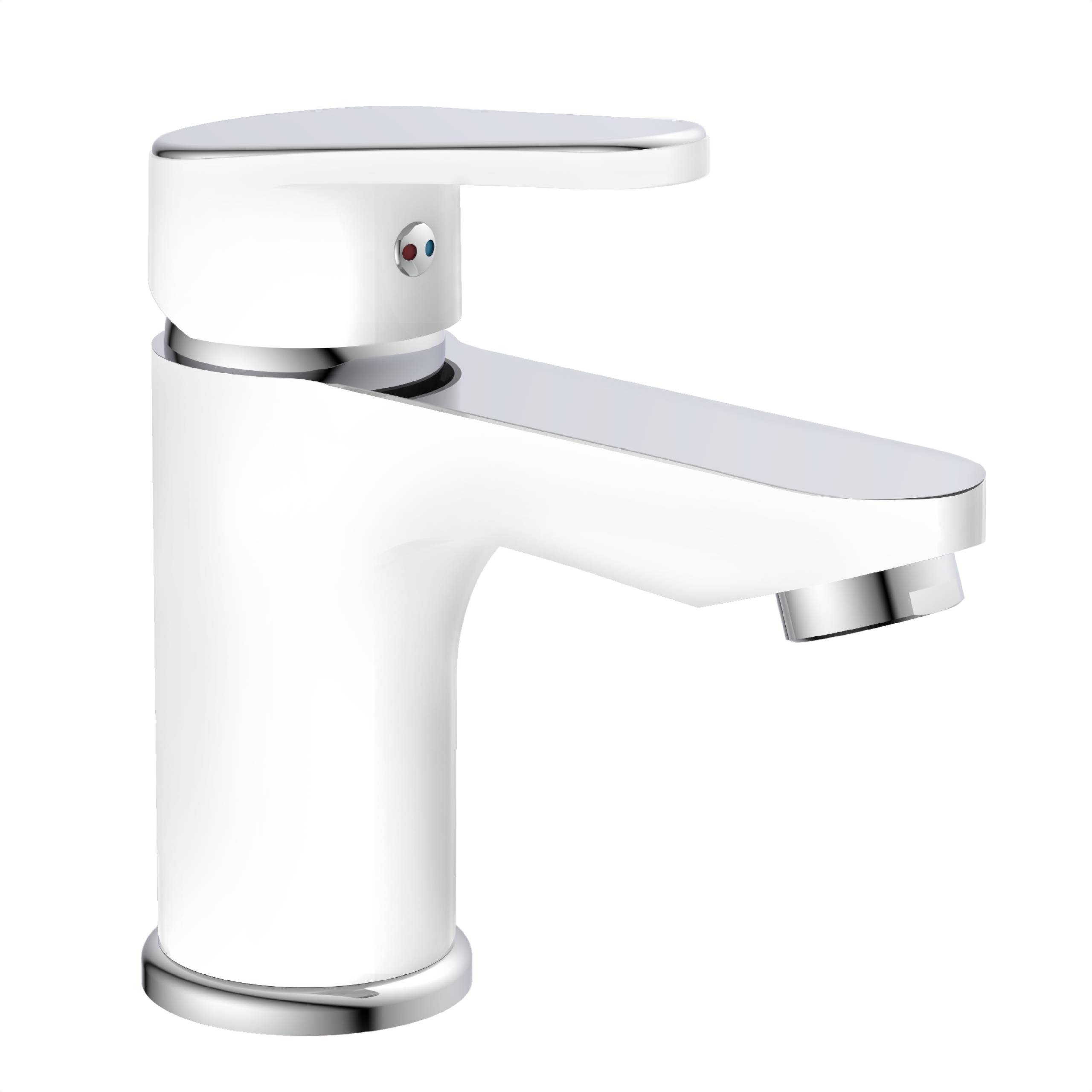 Weißer moderner Wasserhahn mit einem einzigen Hebel, entworfen für ein Badezimmerbecken, mit einem eleganten, minimalistischen Design.