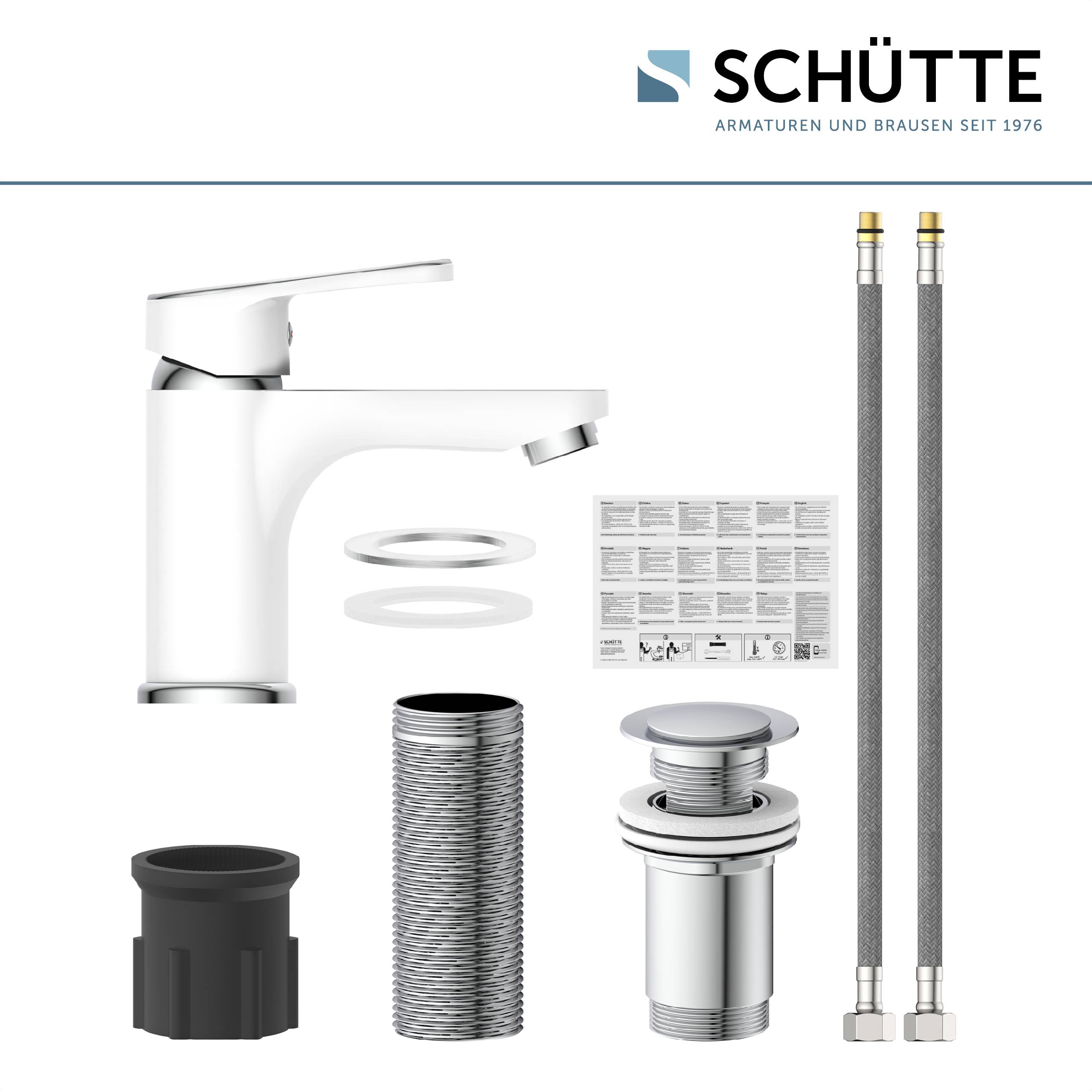 Ein weißes Armaturenset, einschließlich Installationskomponenten und zwei Schläuchen, mit der Bezeichnung „Schütte Armaturen und Brausen seit 1976