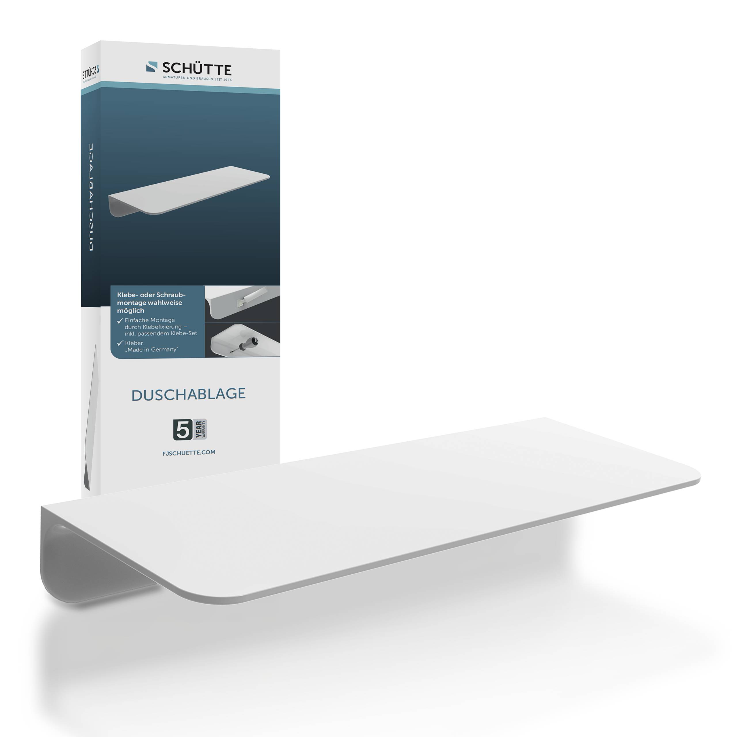 Duschregal der Marke 'Schütte' mit minimalista Design, gezeigt vor seiner Verpackung. Ideal für Duschlagerung, 5 Jahre Garantie.