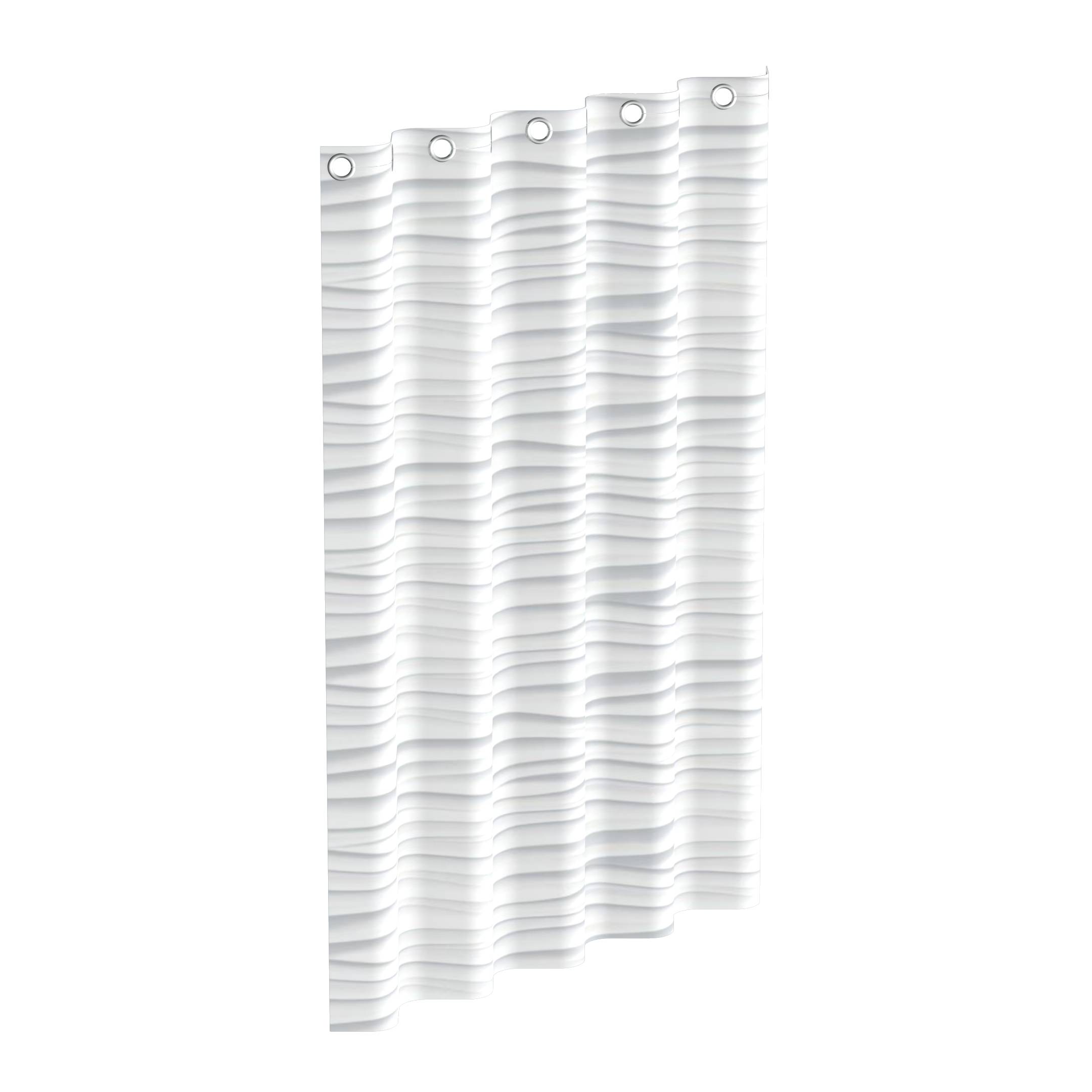 Ein weißer Duschvorhang mit wellenartiger Textur und Metallösen oben zum Aufhängen.