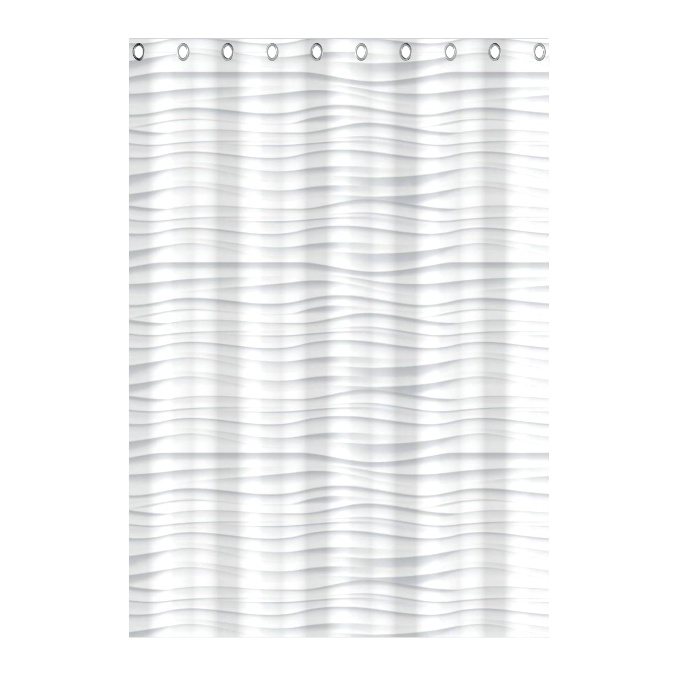 Ein weißer Duschvorhang mit wellenförmiger Textur, ausgestattet mit verstärkten Ösen zum Aufhängen, vor schwarzem Hintergrund.