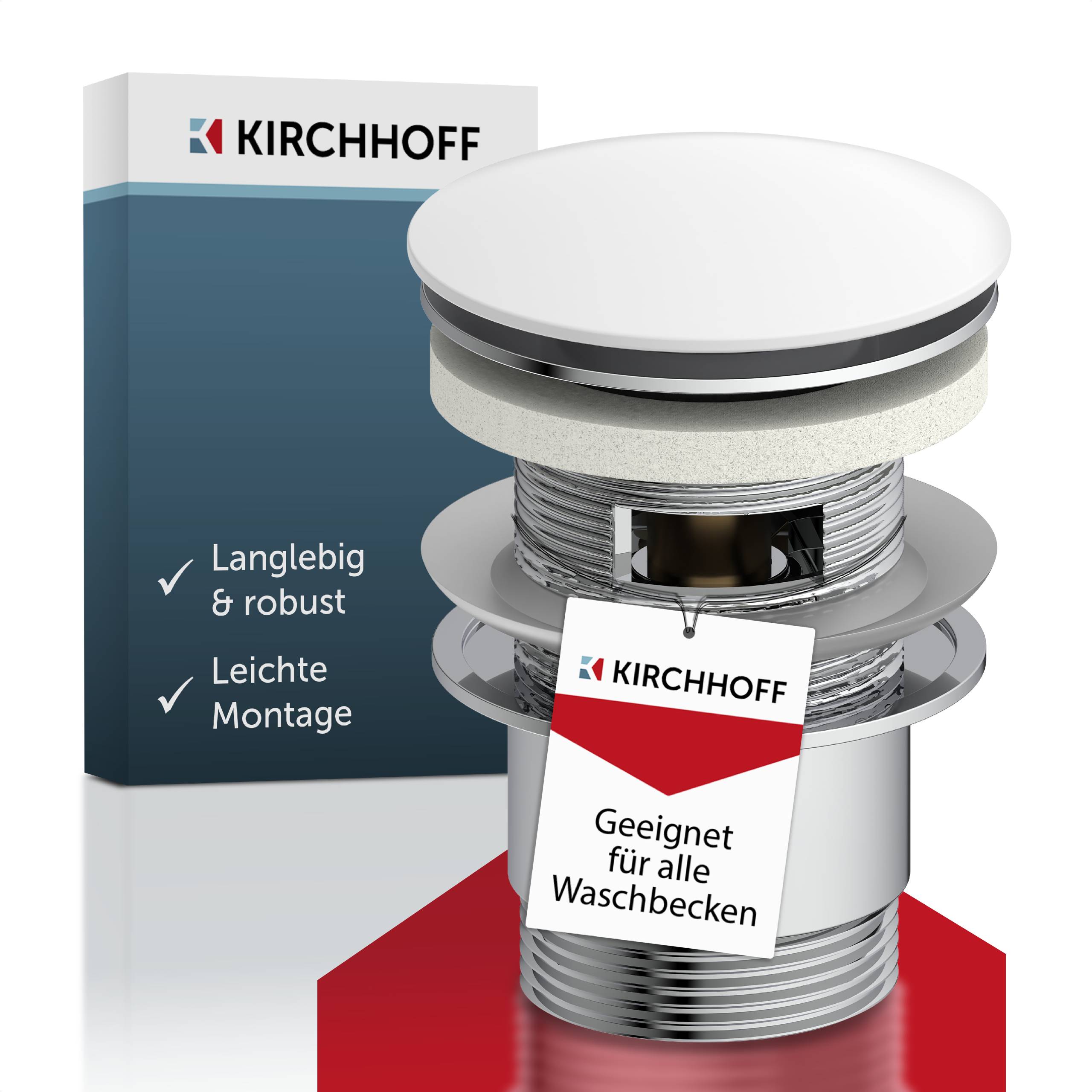 KIRCHHOFF' Abfluss, beschrieben als langlebig und einfach zu installieren, geeignet für alle Waschbecken, mit Verpackungskarton präsentiert.