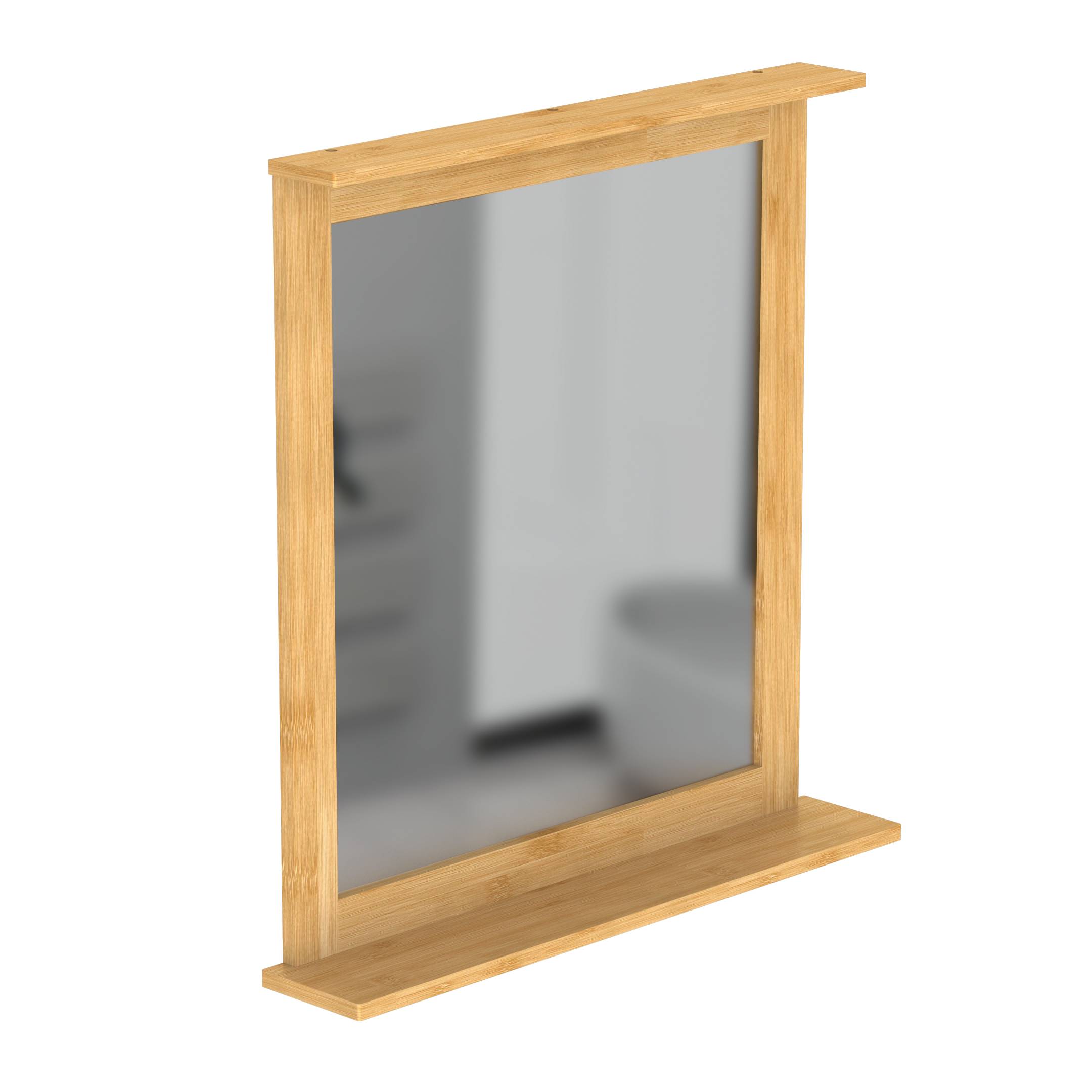 Ein holzgerahmter rechteckiger Spiegel zeigt ein verschwommenes Abbild einer Badezimmerszene und bietet ein stilvolles Akzentmöbelstück für die Inneneinrichtung.