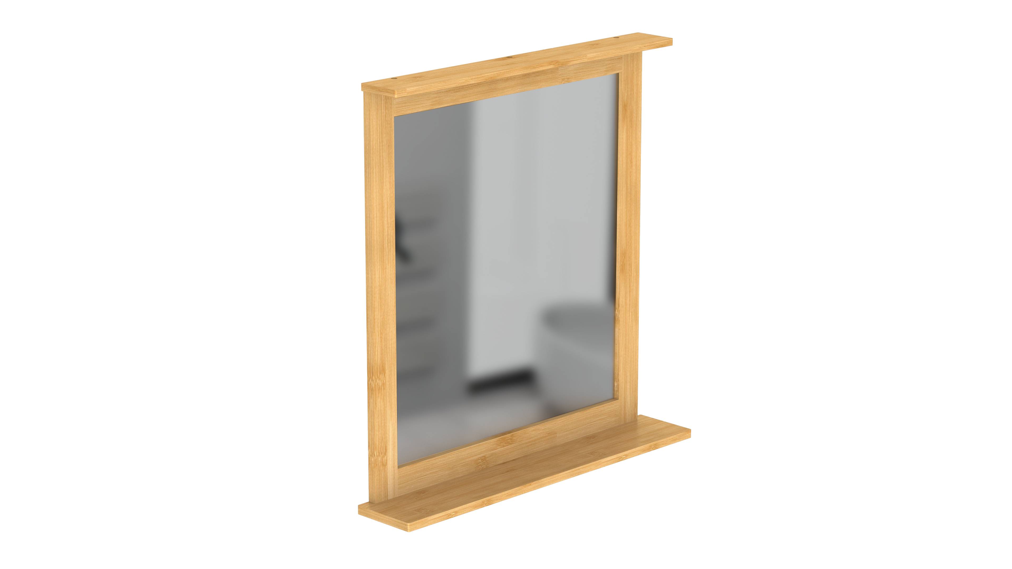 Ein Wandspiegel mit Holzrahmen, der ein verschwommenes Badezimmerinneres reflektiert, einschließlich Waschbecken und Aufbewahrungsschrank. Schlichtes, modernes Design.