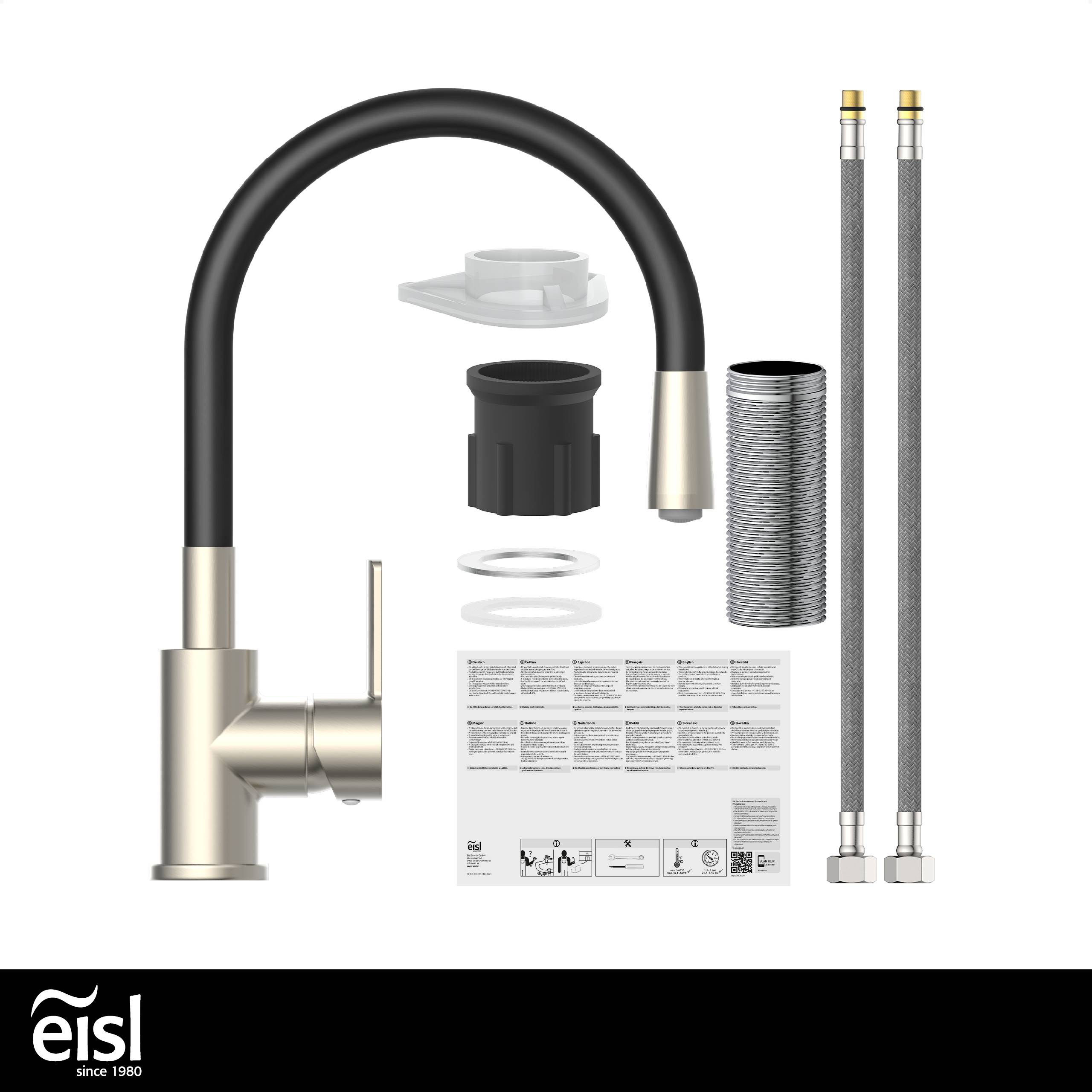 Küchenarmatur-Set mit elegantem schwarz-silbernem Design, flexiblem Schlauch und verschiedenen Installationsteilen, die vor einem weißen Hintergrund präsentiert werden.