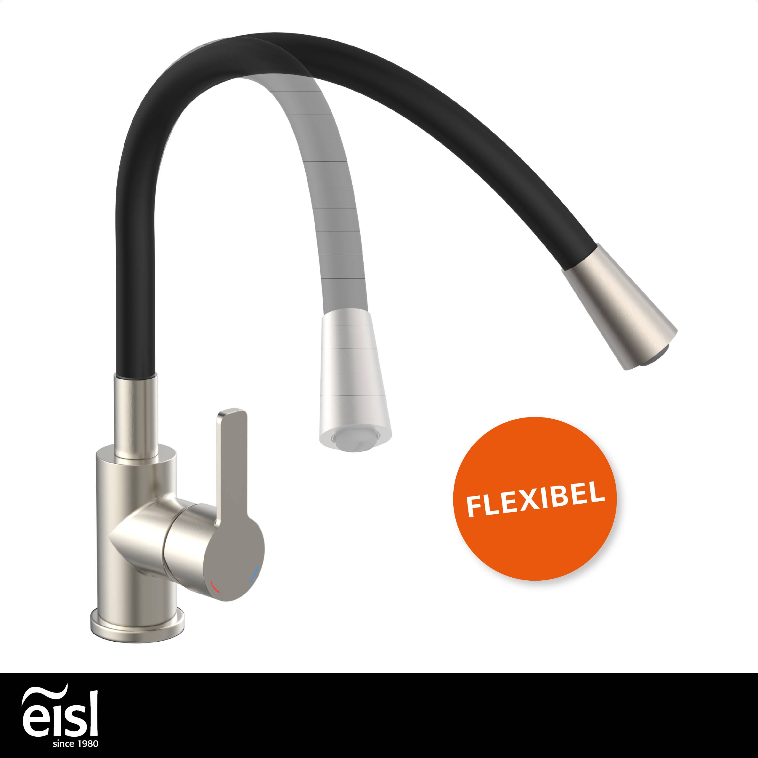 Ein silberner Küchenarmatur mit einem flexiblen schwarzen Schlauch, ausgestattet mit einem Einhebel-Griff und einem Etikett mit der Aufschrift ‚FLEXIBEL' in einem orangefarbenen Kreis.