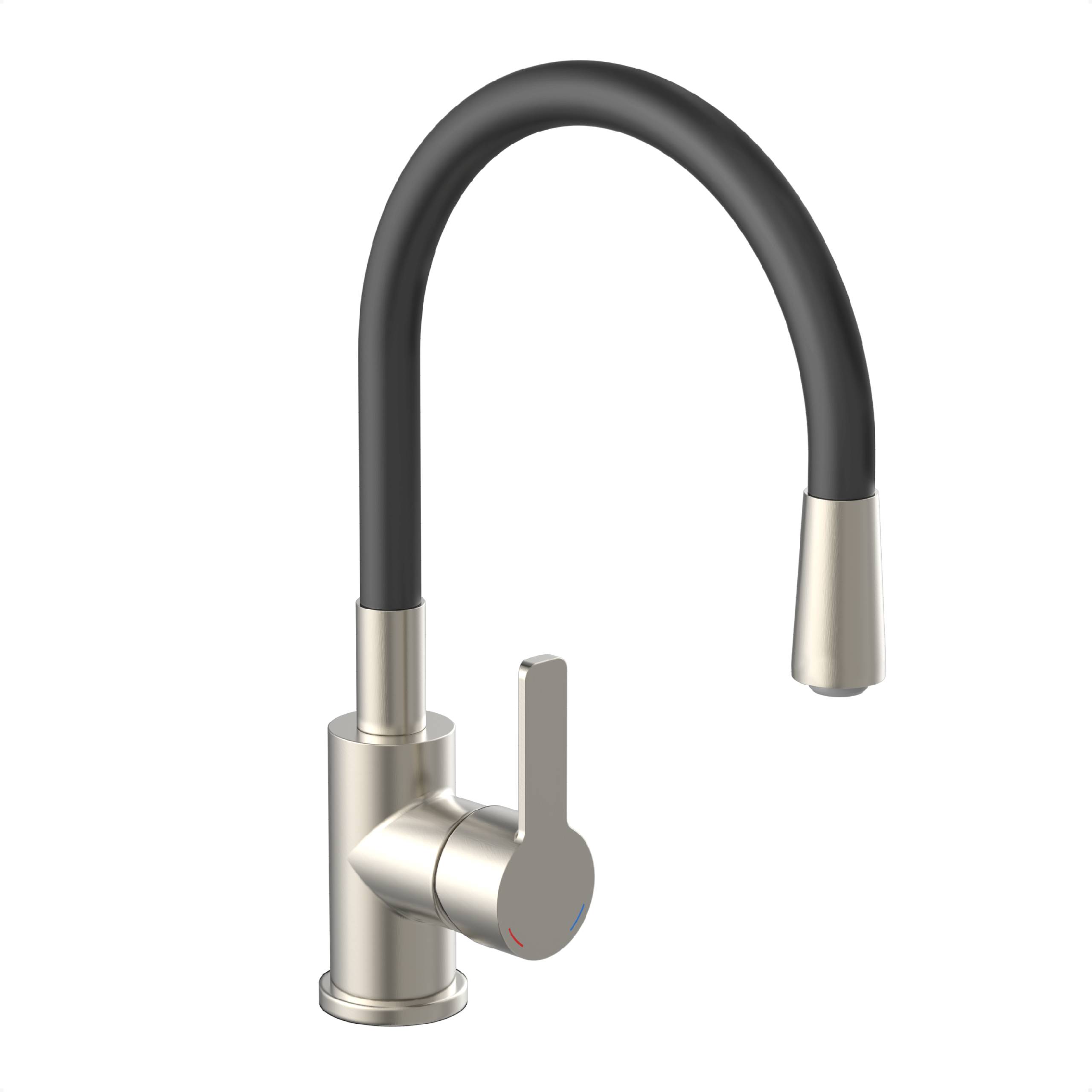 Elegante Küchenarmatur mit metallischer Oberfläche und einem schwarzen geschwungenen Auslauf, ausgestattet mit einem seitlichen Einhebelgriff für einfache Bedienung.