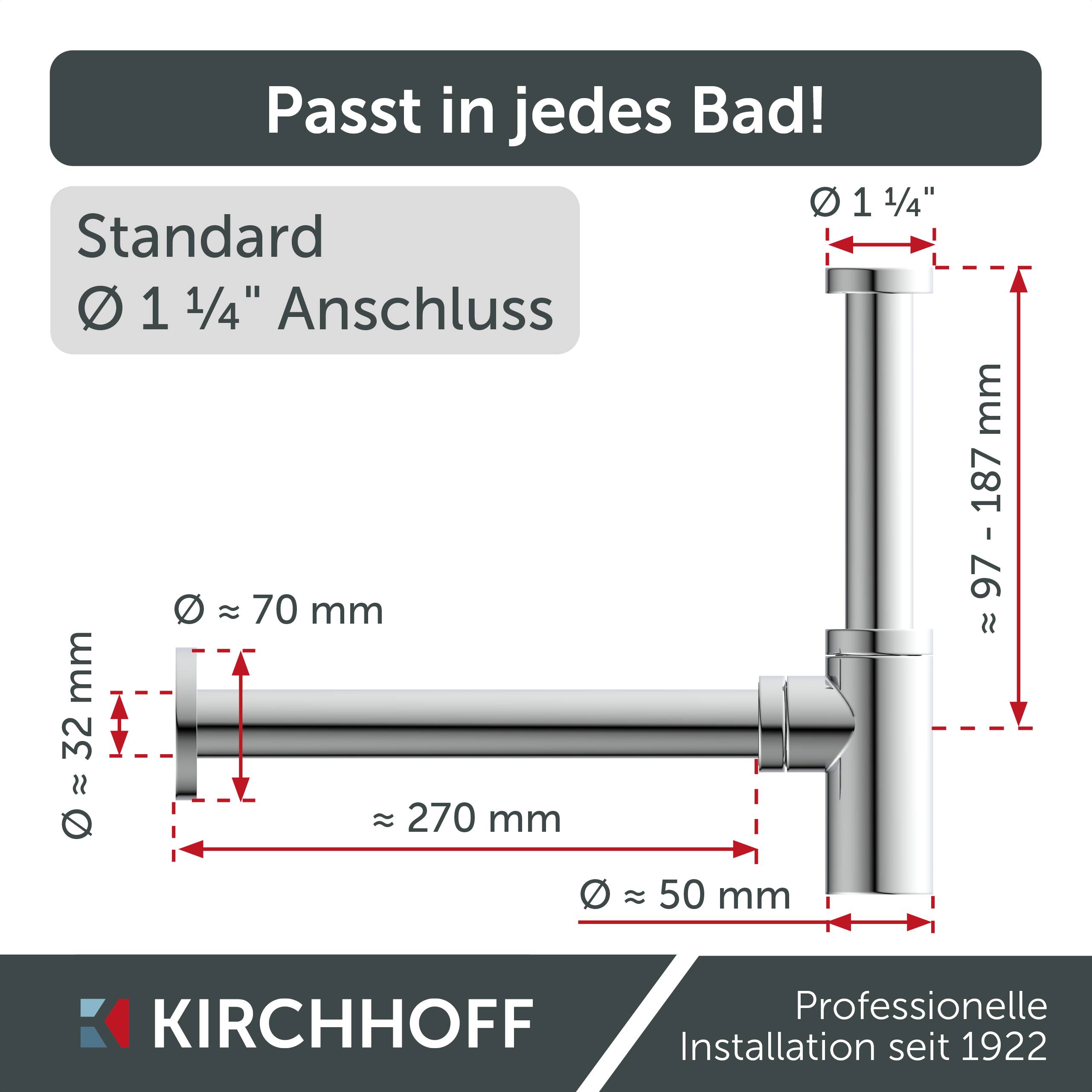 Diagramm einer Sanitärarmatur mit Abmessungen: Länge 270 mm, Höhe verstellbar zwischen 97-187 mm, Breite 50 mm. Standard-1 1/4