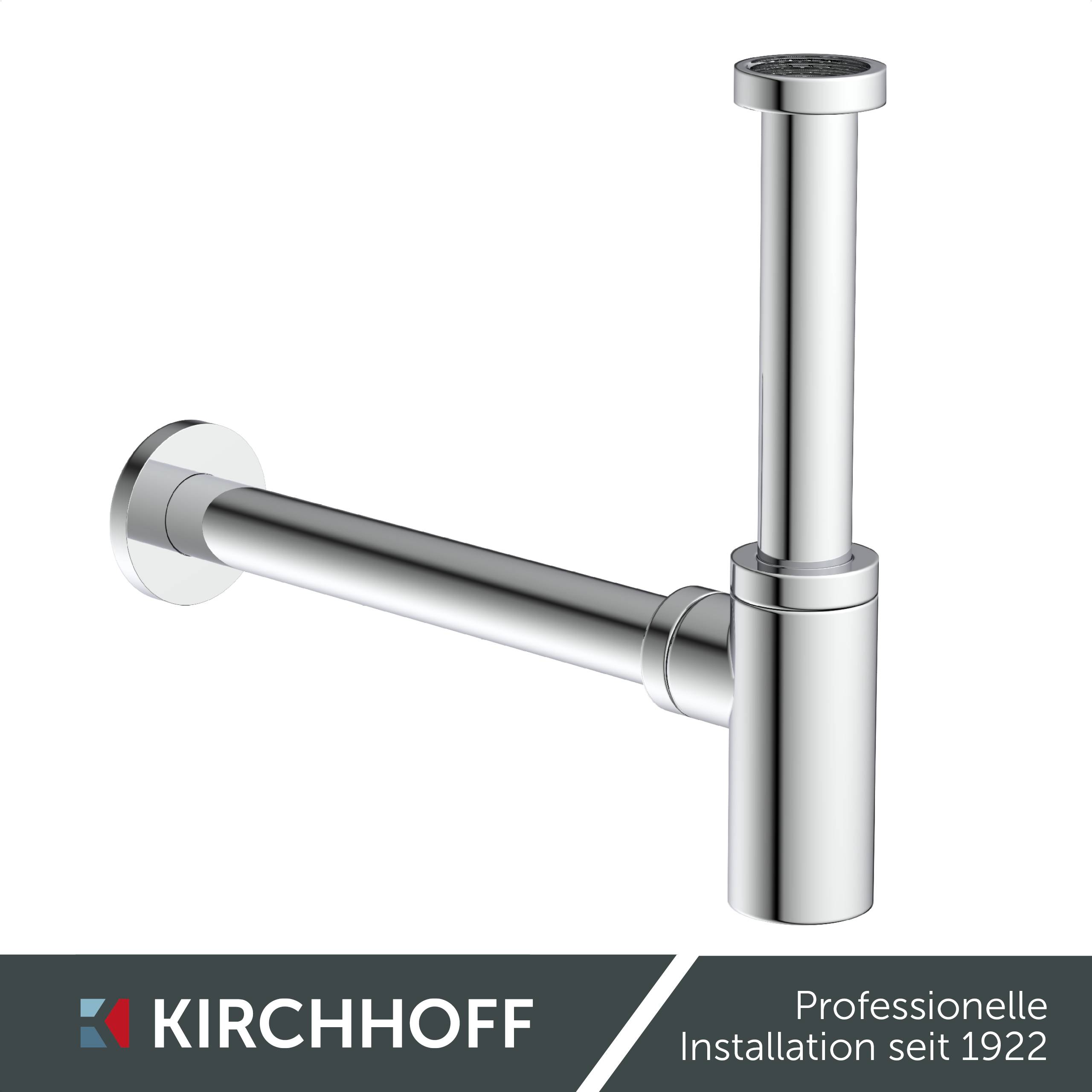 Ein Chrom-Siphonrohr mit modernem Design, auf weißem Hintergrund präsentiert. Darunter lautet der Text „Kirchhoff Professionelle Installation seit 1922