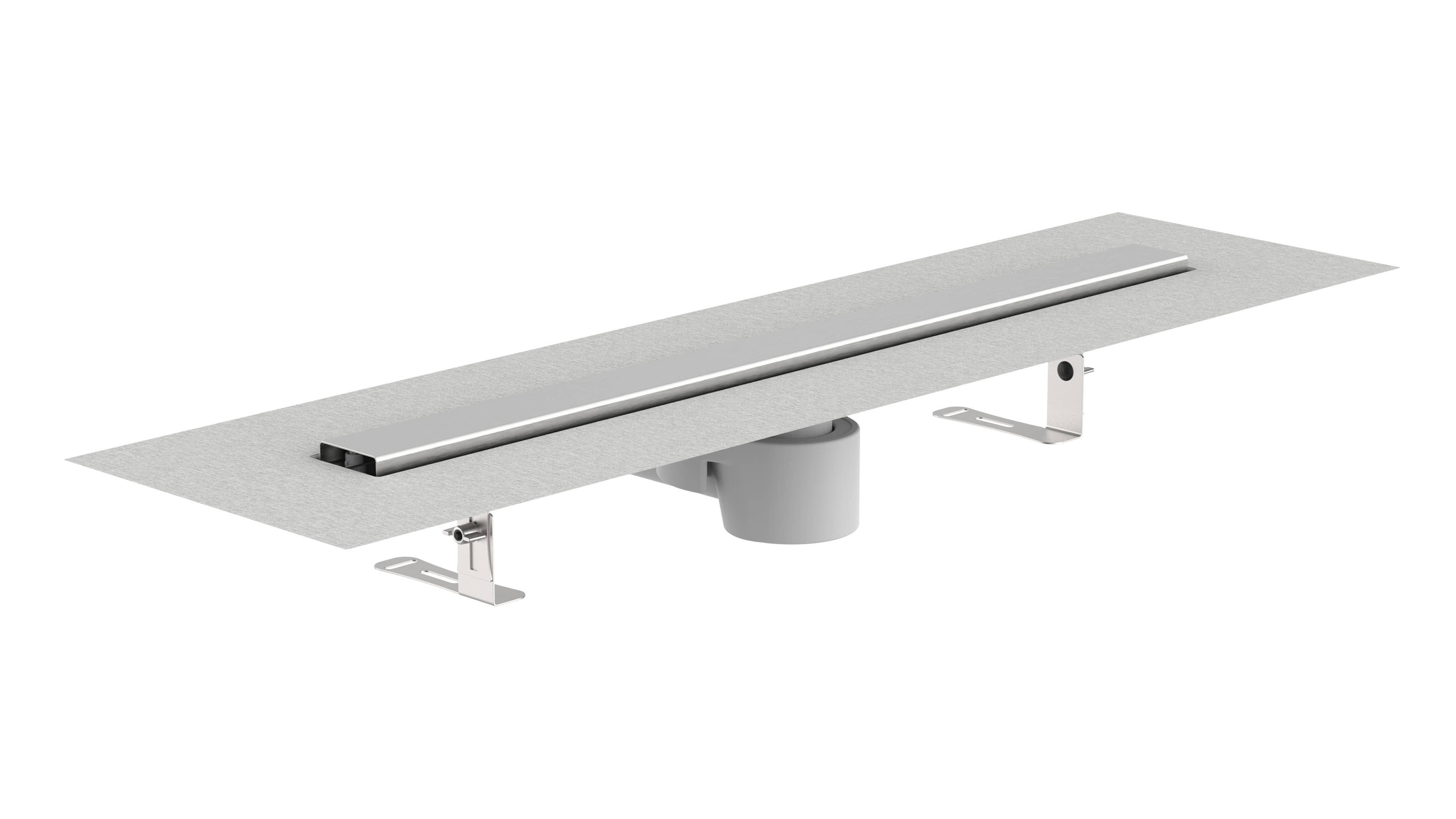 Eine gebürstete Metallrinnen-Ablaufrinne mit verstellbaren Füßen und einem zentralen Auslass, entwickelt für moderne Badezimmerinstallationen.