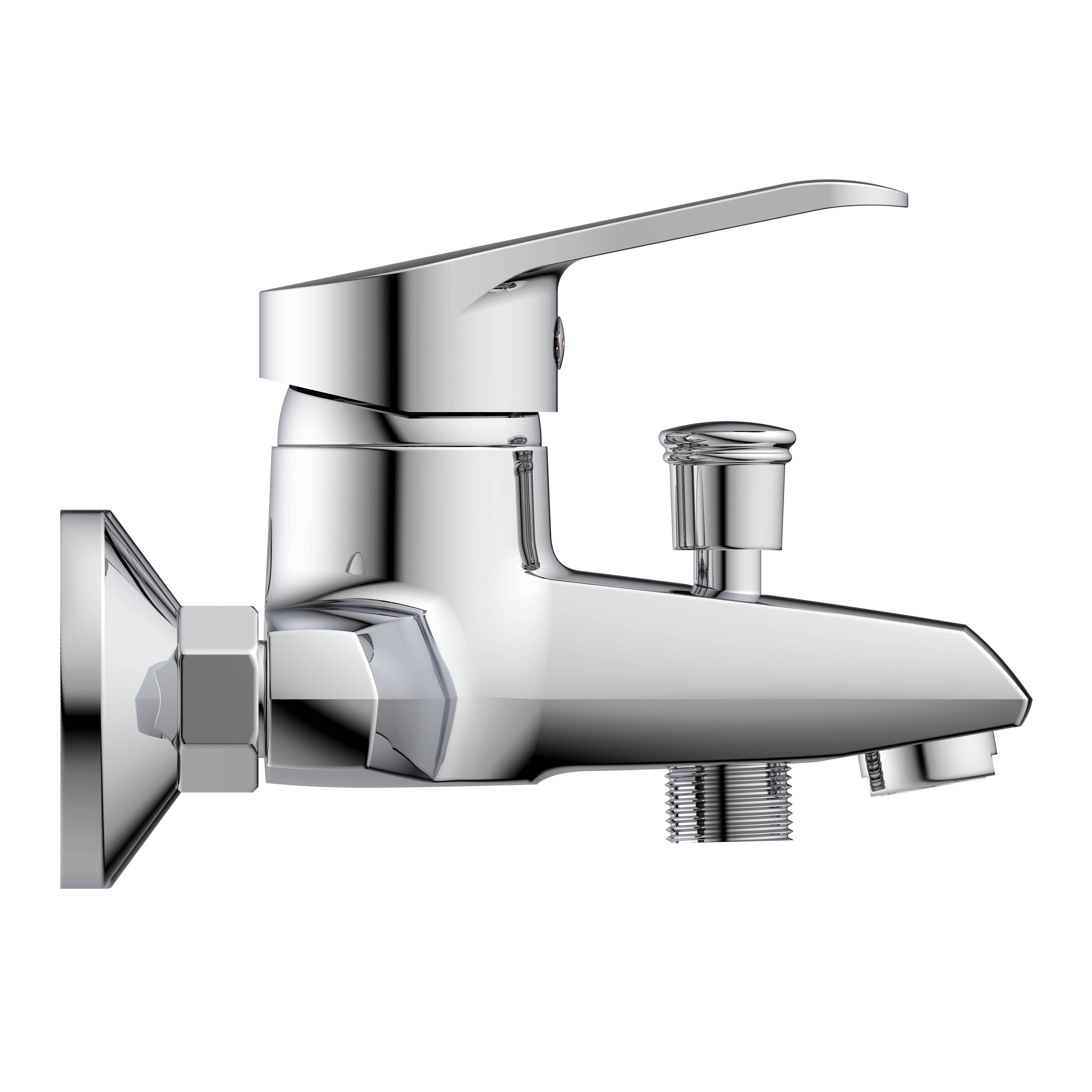 Chrom-Einhebelarmatur für Badewanne mit Wandmontage, Seitenauslauf und Hochzieh-Umleiter auf schwarzem Hintergrund.