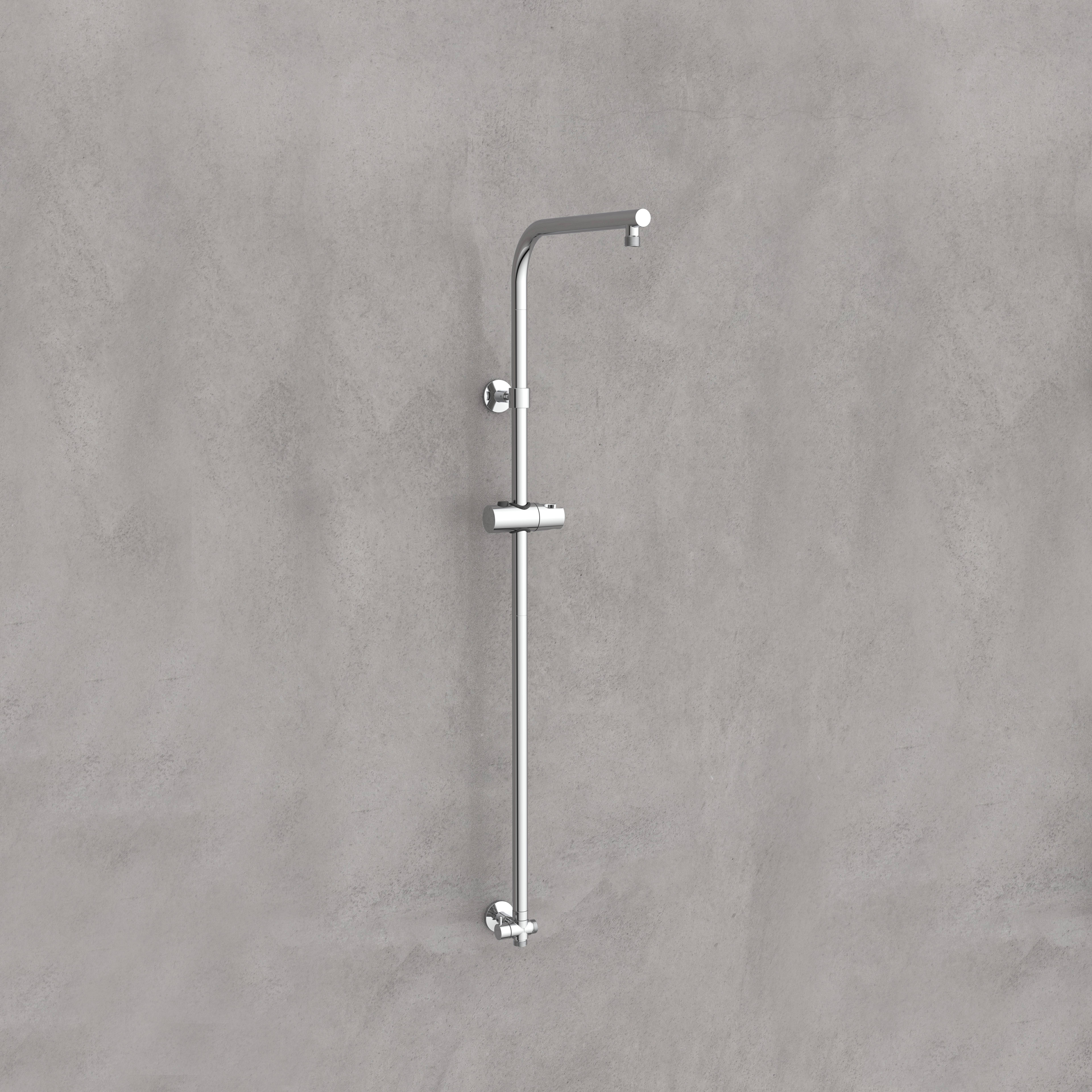 Moderne wandmontierte Duschstange mit verstellbarem Halter auf grauem strukturiertem Hintergrund.