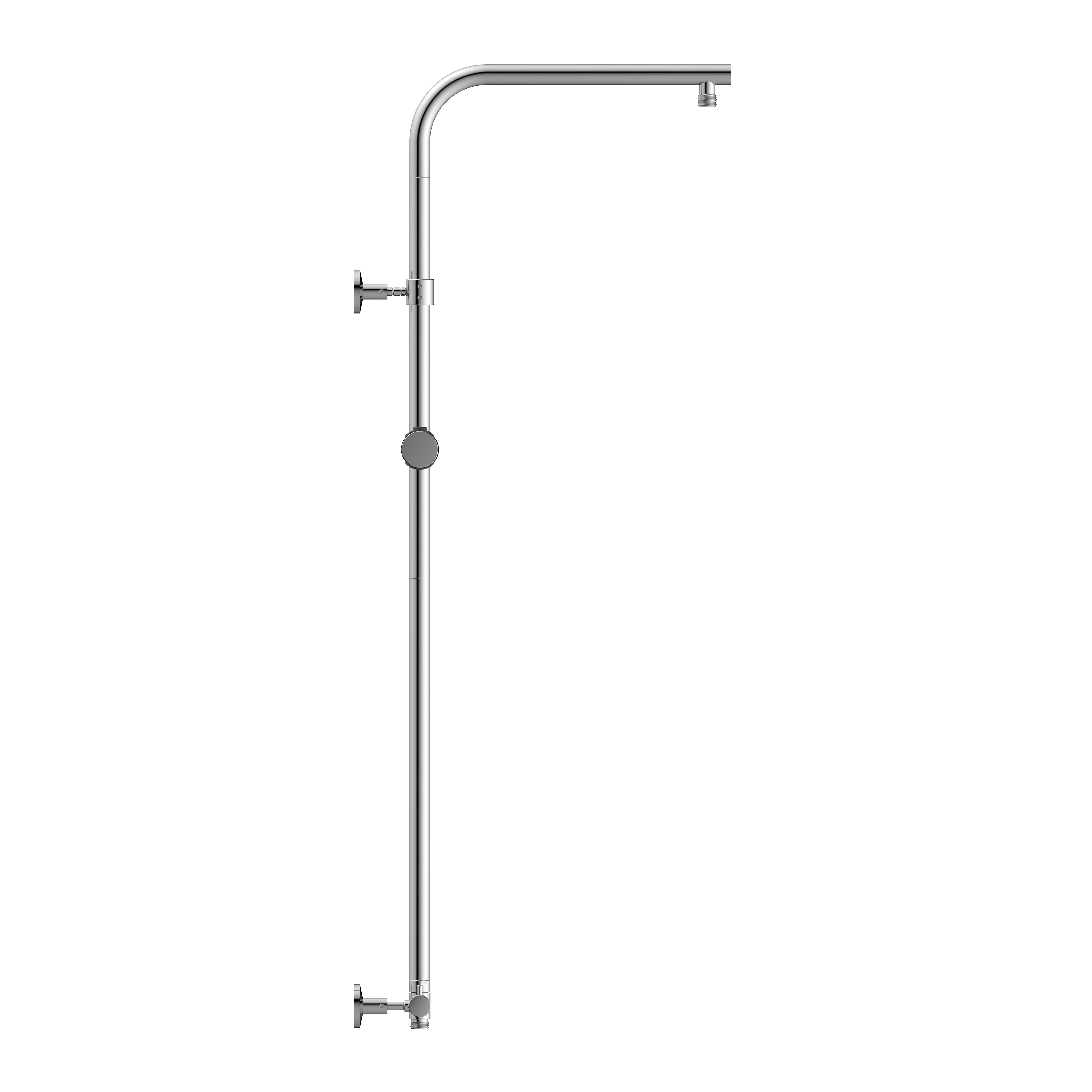 Bild einer Metall-Duschleitung mit einer Überkopf-Brause und zwei Wandhalterungen vor schwarzem Hintergrund.