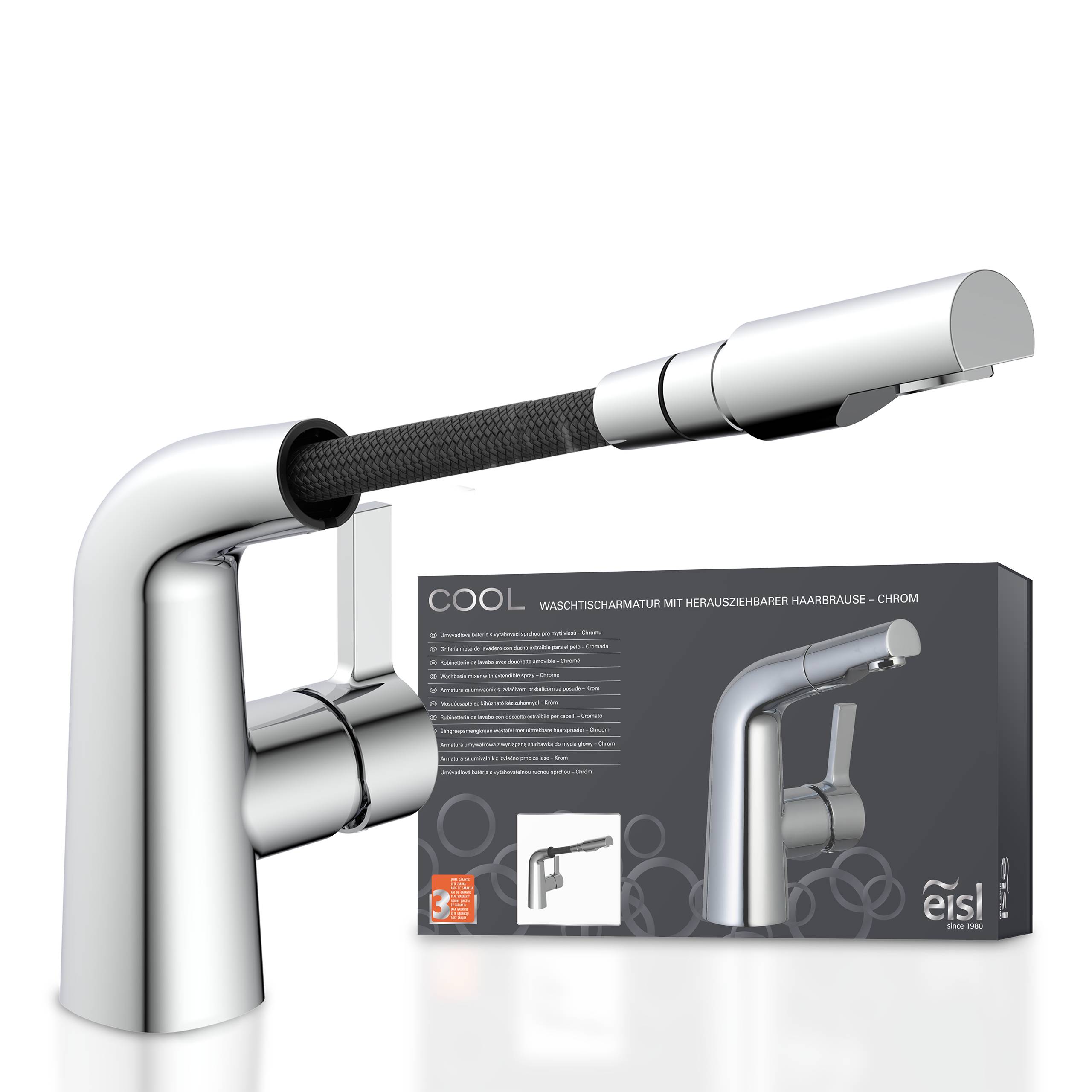 Ein verchromter Küchenarmatur mit flexiblem ausziehbarem Schlauch ist abgebildet. Die Verpackung im Bild hebt sein Modell, „COOL