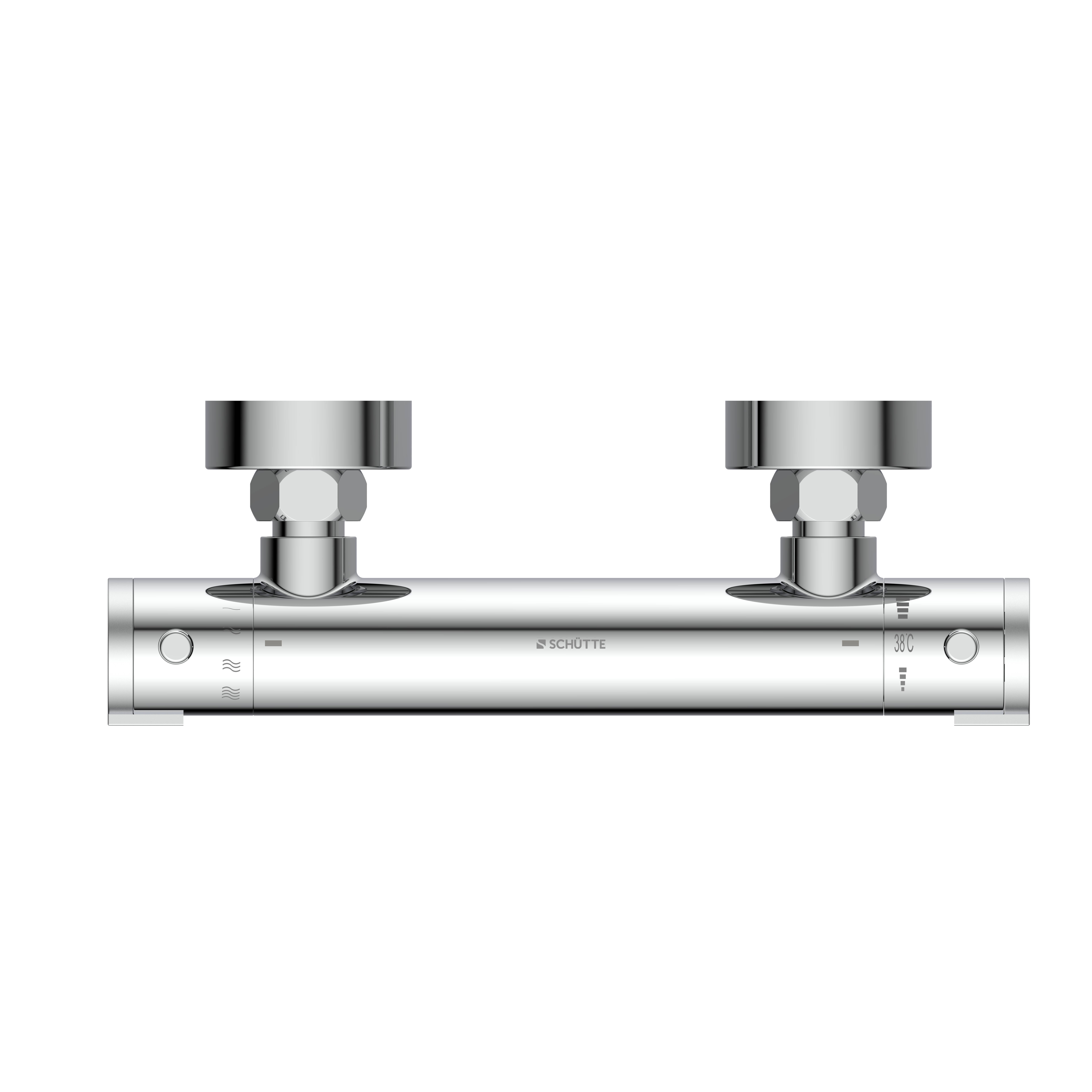 Ein silbernes Duschventil mit Temperaturreglern auf schwarzem Hintergrund. Der mittlere Teil ist mit 