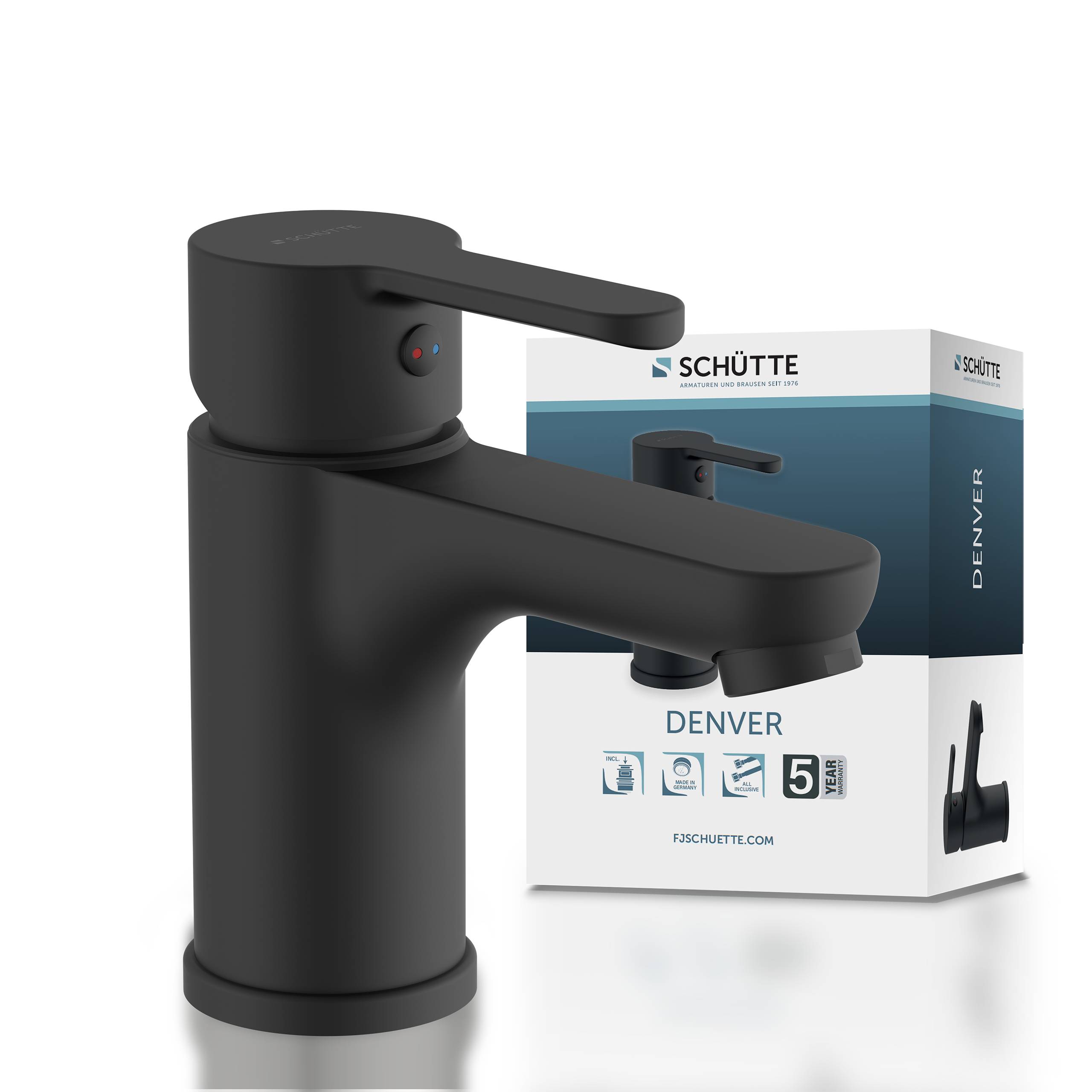 Schwarzer Badezimmerhahn mit rundem Griff, präsentiert neben einer Verpackung mit der Aufschrift 