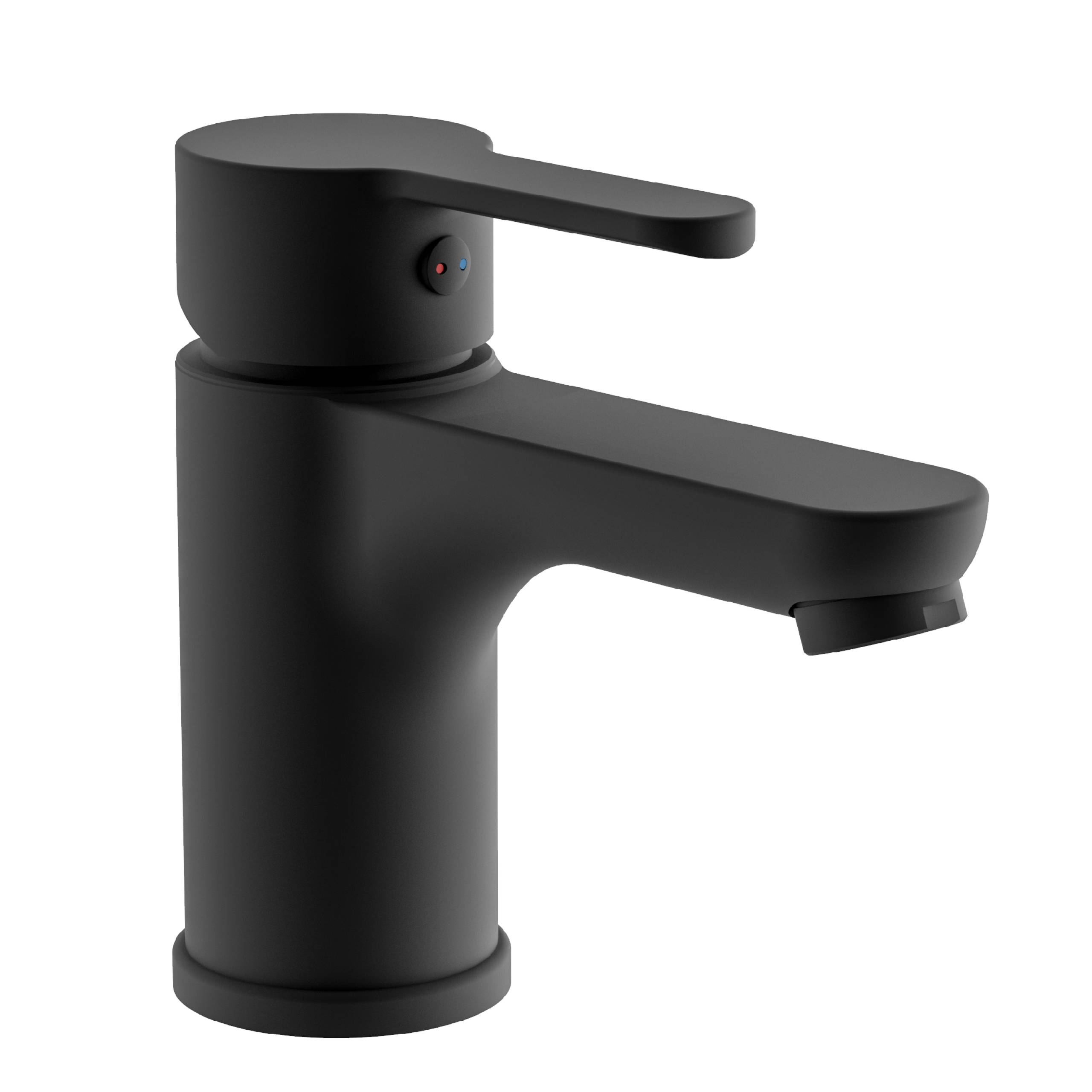 Ein moderner schwarzer Wasserhahn mit einem einzelnen Hebel zur Kontrolle von Wasserdurchfluss und Temperatur; minimalistisches Design.