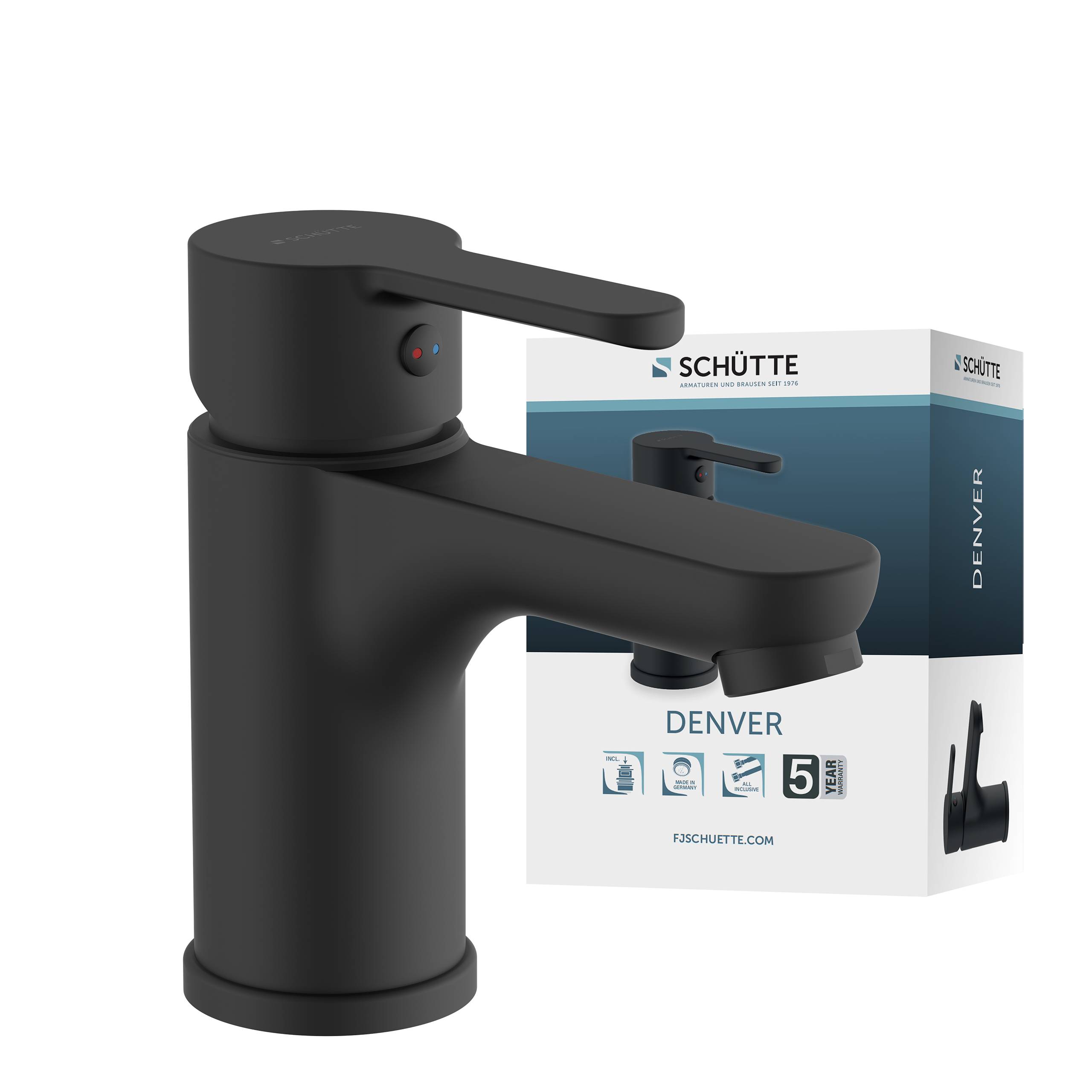 Ein matter schwarzer Badezimmerwasserhahn mit einem einzelnen Hebegriff wird angezeigt. Eine Schachtel daneben zeigt die Marke und Produktdetails.
