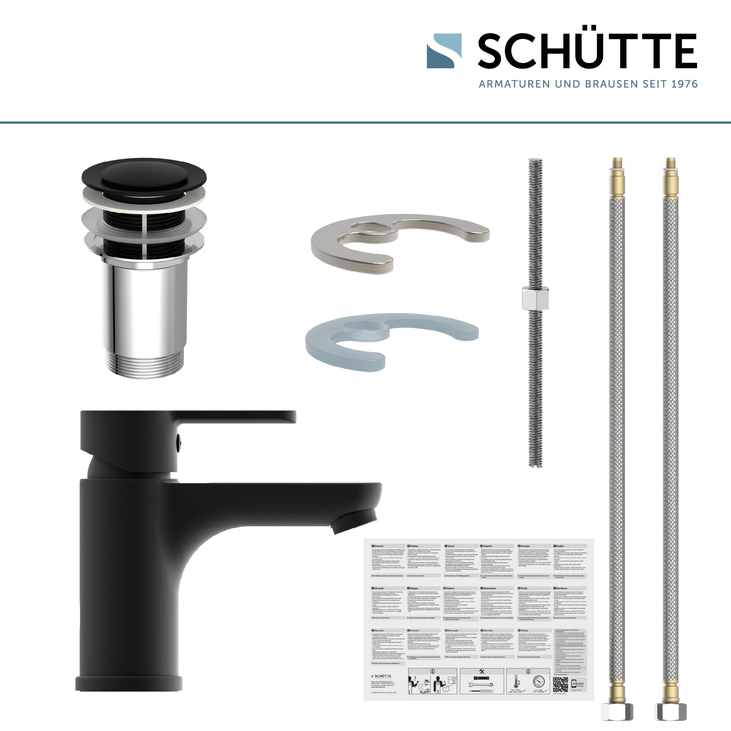 Schwarzes Armaturenset mit Komponenten einschließlich Armatur, zwei Schläuche, Stopfen und Montagewerkzeuge. Marke: Schütte.