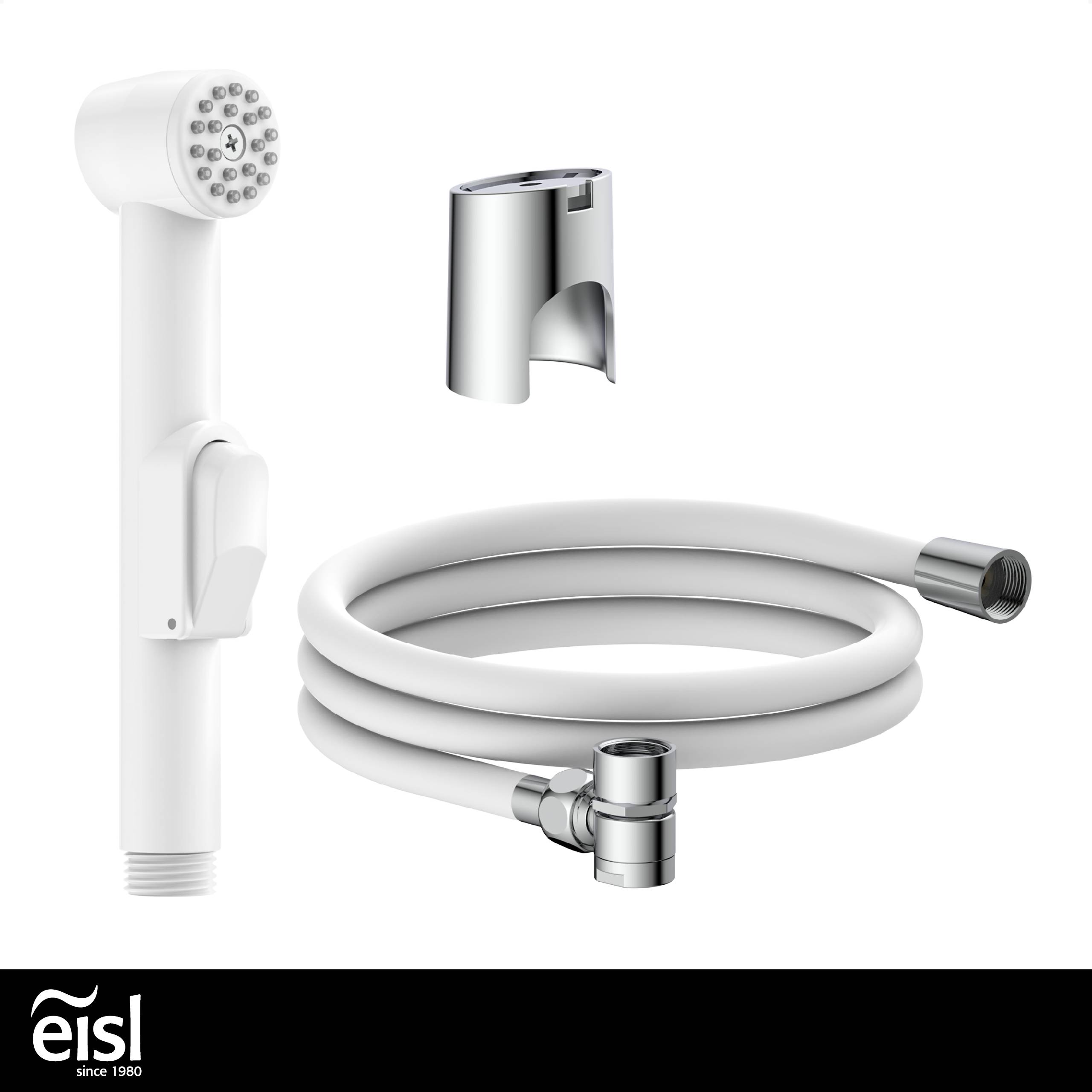 Weißer Handbrauseset mit Schlauch und Wandhalterung auf schwarzem Hintergrund.