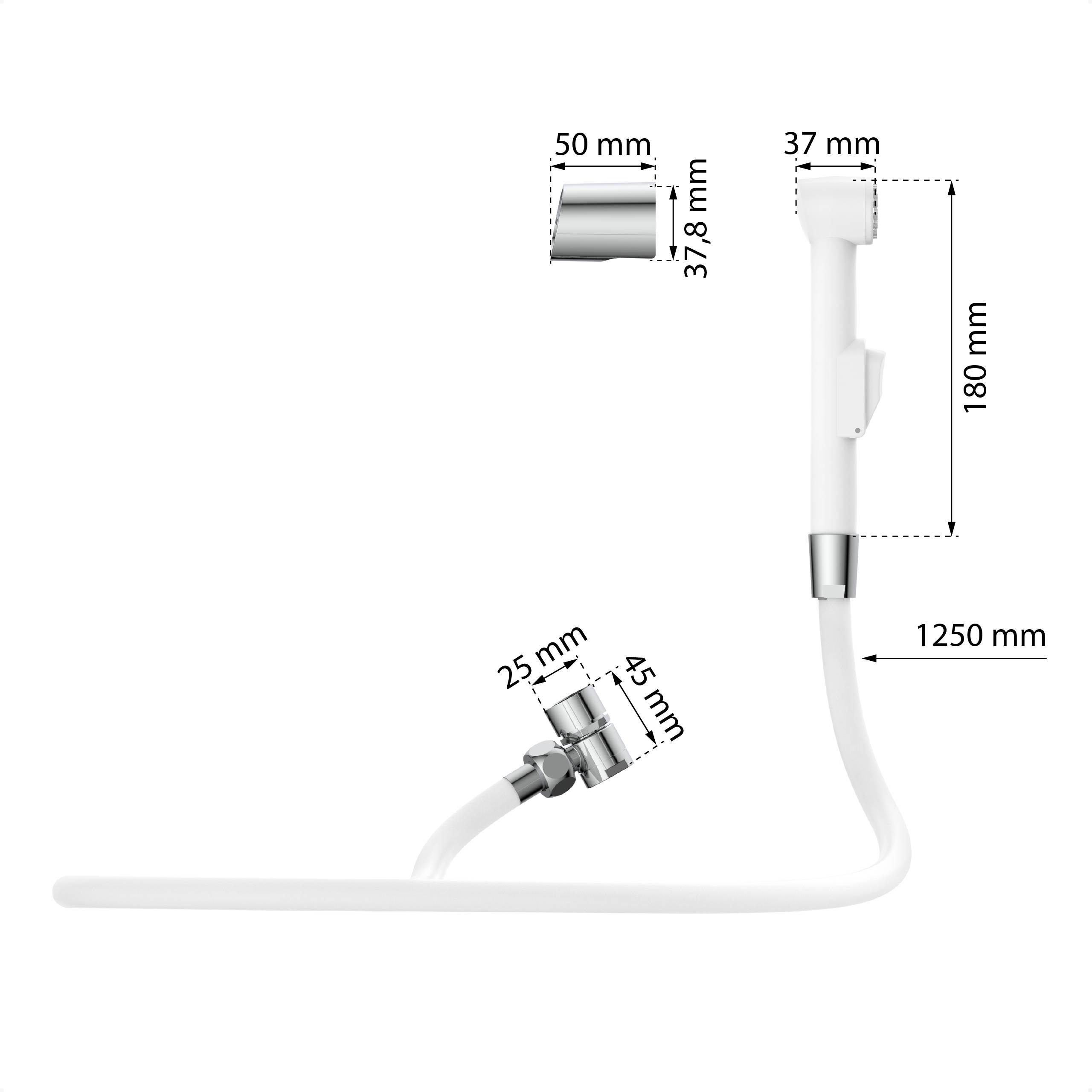 Ein weißes tragbares Bidet-Sprühgerät mit angeschlossenem Schlauch und Befestigungshalterung, entwickelt für die Verwendung im Badezimmer.