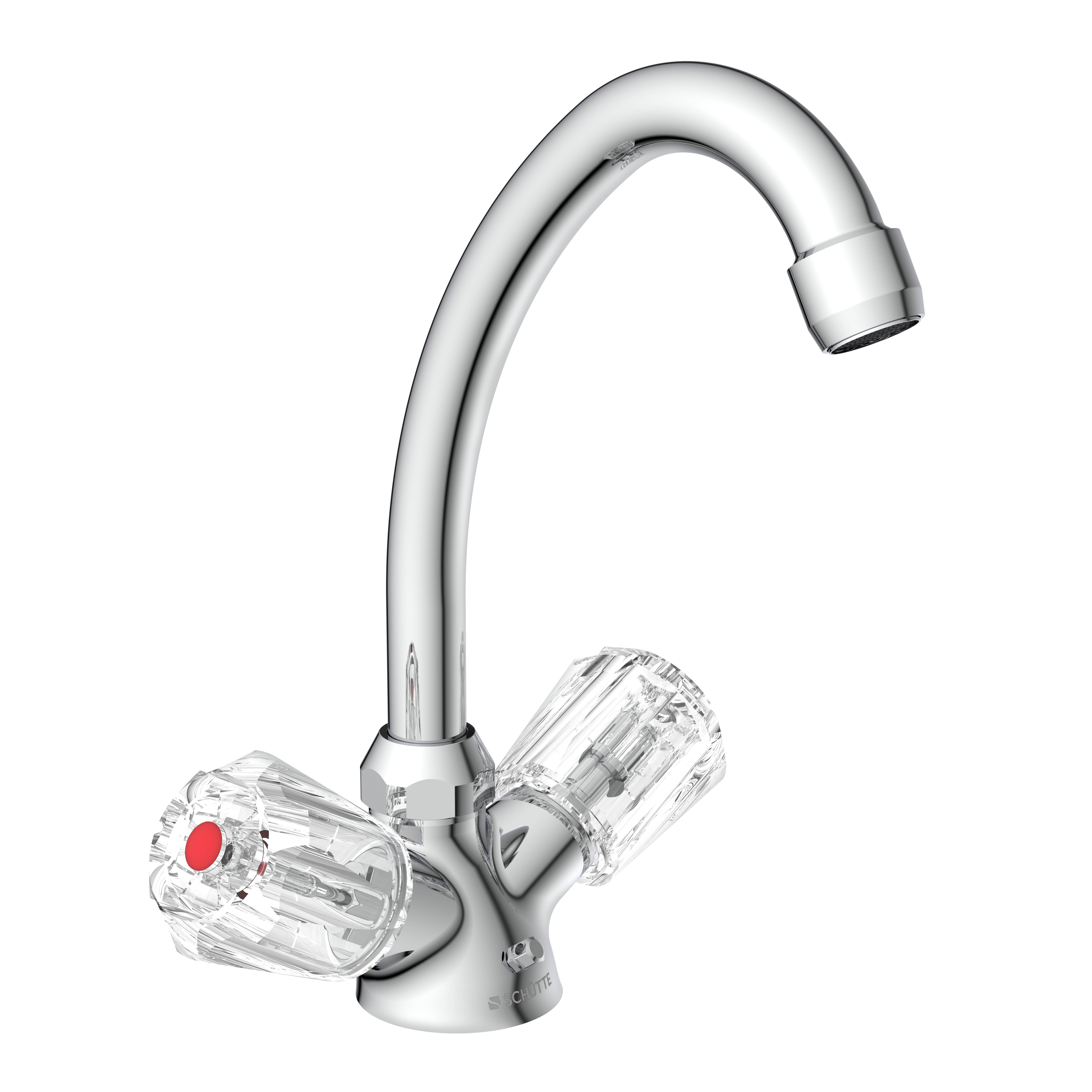 Chrom-Küchenarmatur mit zwei transparenten, kristallstil-Griffen auf schwarzem Hintergrund.